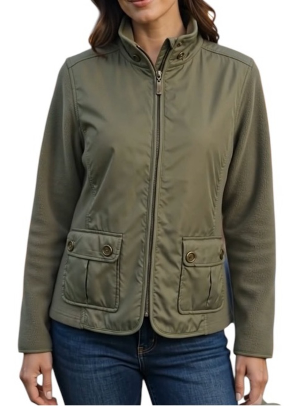 Lady Hathaway Fleece Jacket Luxury Athleisure Texture Panels Funnel-Neck Green S